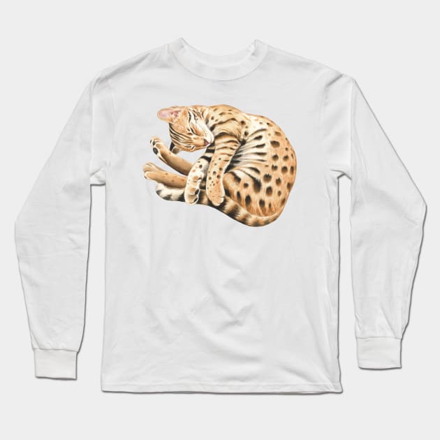 Bengal Kitten Napping Watercolor Art Long Sleeve T-Shirt by Seven Sirens Studios